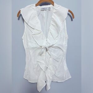 Farinaz white Italian fabric sleeveless blouse with ruffle front